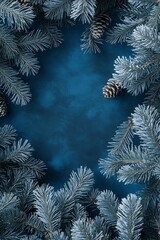 Poster - Natural Pine Branches Framing a Deep Blue Background Perfect for Winter and Holiday Themes : Generative AI