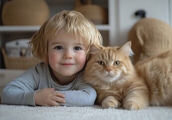 Poster - Charming Child and Fluffy Orange Cat Posing Together with Happy Smiles at Home : Generative AI