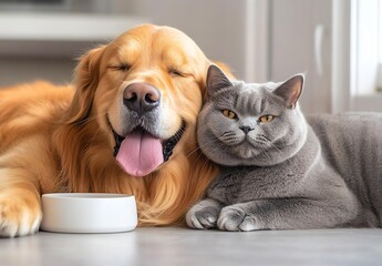 Poster - Golden Retriever and Grey Cat Cuddling Together in Bright Kitchen : Generative AI