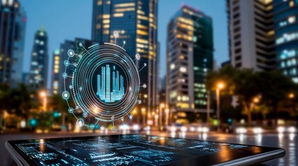 Poster - Urban technology innovation cityscape digital visualization nighttime environment aerial view smart data presentation