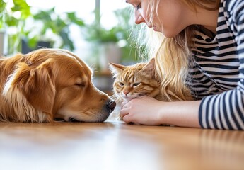 Poster - Golden Retriever and Cat Resting Together While Woman Plays with Them on Wooden Floor : Generative AI