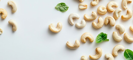 Poster - Nutritious Cashew Nuts with Fresh Mint Leaves on White Background for Healthy Eating : Generative AI