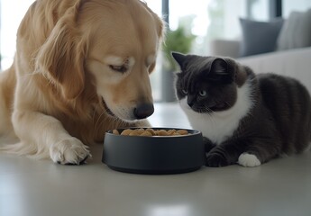 Poster - Golden Retriever and Fluffy Cat Enjoying Food Together in Modern Home : Generative AI