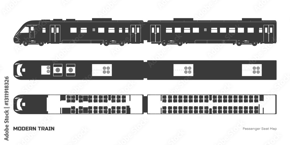 Black silhouette of modern train passenger seat map. Locomotive model ...