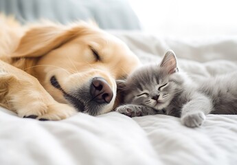 Poster - Adorable golden retriever dog sleeping peacefully with a cute gray kitten on a cozy bed : Generative AI