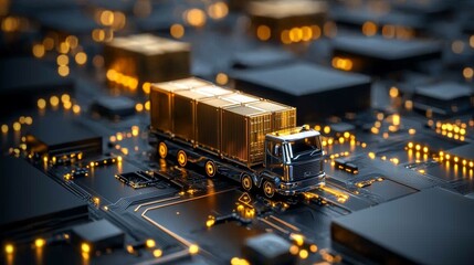Poster - Innovative logistics solutions enhancing supply chain efficiency through advanced technology in a digital environment with a close-up view of a truck on circuit board