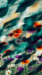 Poster - A colorful field of flowers with a blue sky in the background. The flowers are of various colors including red, yellow, and purple