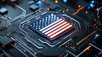 Poster - Technological advancement displaying the american flag digital circuit board setting graphic artwork futuristic environment close-up view concept of innovation and patriotism