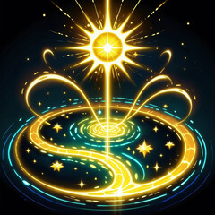 cosmic sun's embrace: a radiant celestial sun shines above a swirling galaxy, cosmic energy flows.