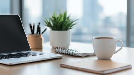Poster - Modern Workspace with Laptop, Notebook, Coffee Cup, and Green Plant in Cozy Office Environment with Urban View