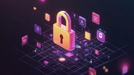 Poster - Unlocking innovation a lock hovering above a tech icon matrix digital realm infographic view technology concept