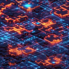 Poster - Seamless A detailed computer circuit board with glowing blue and orange lights illustrating technology and modern innovation