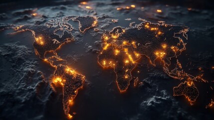 Poster - Illuminated glowing lines mapping global connections world digital artwork interactive aerial view modern technology