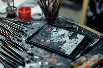 Poster - Creative workspace filled with scattered brushes, pencils, and a digital tablet, embodying artistic expression in high detail