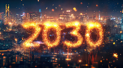 Poster - Fireworks light up the night sky, forming the numbers 2030 above a vibrant city skyline during New Year\'s festivities