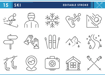 a set of line icons related to ski. skiing, slide, path, avalanche, kits, gloves, first aid, and so 