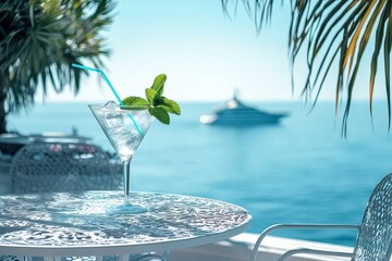 Poster - A vibrant cocktail with fresh mint sits on a delicate table, overlooking a serene ocean view with a yacht gently cruising in the distance beneath sunny skies
