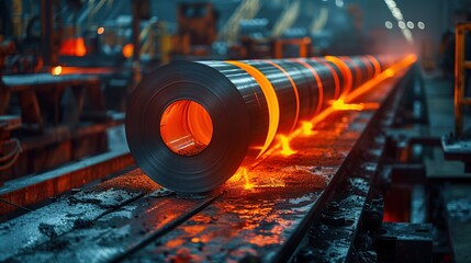 Poster - hot steel coil rolling on production line in industrial factory with glowing sparks and machinery se