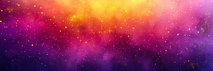 Poster - A mesmerizing cosmic background features a blend of purple, orange, and yellow tones, filled with twinkling stars and a nebula-like effect, capturing the vastness of space