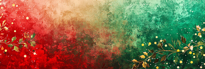 Poster - Rich hues of red and green blend beautifully in a textured abstract design, adorned with delicate golden dots and leafy branches, perfect for holiday themes