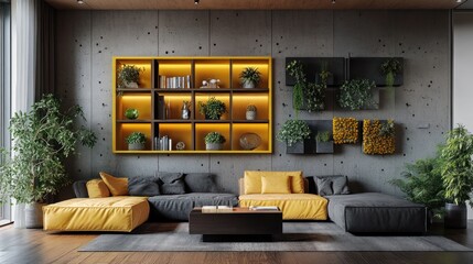 Modern apartment living room with yellow accents, showcasing plant displays and a concrete wall.  Possible use interior design inspiration
