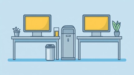 Poster - Two office desks with computers, plants, and supplies.  Possible use Stock photo for office design, workspace, business concept