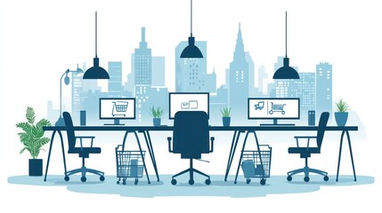 Poster - Modern office workspace overlooking city skyline