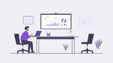 Poster - Man working at a table with charts on a display.  Business meeting presentation. Possible use Stock photo for a business theme
