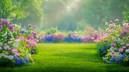 Poster - Colorful flower garden in bloom with vibrant blossoms and lush green grass during bright sunny day