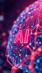 Poster - Abstract visualization of artificial intelligence with glowing lines and neon text overlay