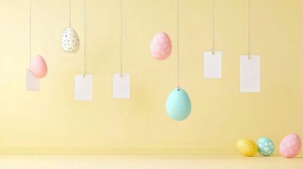 Poster - Colorful hanging Easter eggs and blank tags create a festive spring decoration in a bright yellow setting