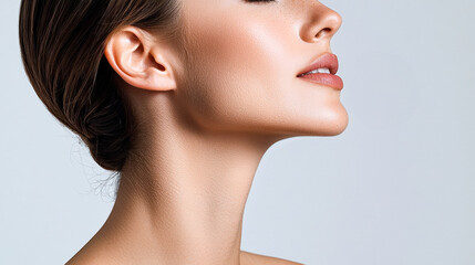 Poster - A woman poses with an elegant expression, showcasing her facial contours and smooth skin in a soft light setting
