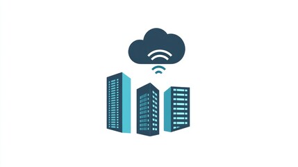 Poster - Cloud computing, city buildings, data center, technology, modern concept, digital, future, growth