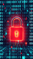 Poster - Digital Security Red padlock symbolizing data protection amidst floating binary code cyber defense