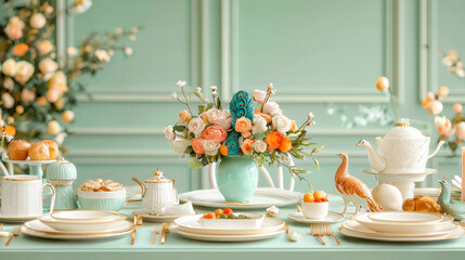 Poster - A beautiful table arrangement featuring a floral centerpiece, fine china, and decorative items in a pastel setting, perfect for gatherings