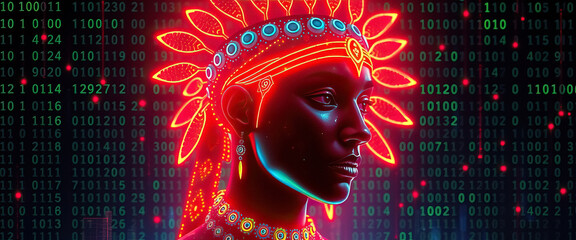 Poster - Neon lit figure of person with digital binary code overlay blending technology and culture