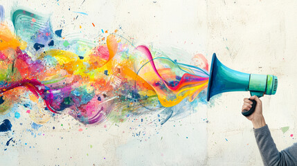 Poster - A hand holds a blue megaphone, releasing vibrant colors that symbolize creativity and expression against a textured wall