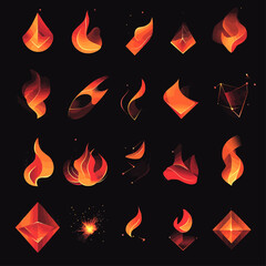 Poster - Fiery Flames Collection of Vector Icons on Black Background with Geometric Shapes