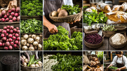 Poster - A bustling marketplace features an array of fresh organic vegetables, herbs, and artisan bread. Shoppers browse through baskets filled with colorful produce and baked goods