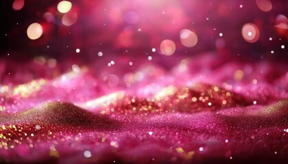 Poster - shimmering pink and gold glitter landscape with glowing bokeh lights, abstract festive background for luxury design and decor


