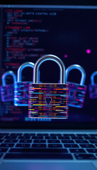 Poster - Cybersecurity lock on laptop screen with code; guarding digital data and access protocols