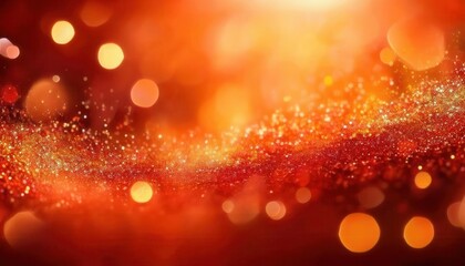 Poster - shimmering golden red abstract bokeh background with glowing particles, blurred festive light effect for luxury design

