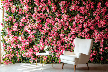 Poster - A cozy white armchair is positioned next to a small table adorned with flowers, set against a lush pink floral backdrop in a modern indoor space