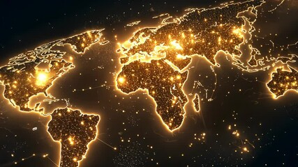 Poster - Orange particles and lines forming world map showing global network, data flow and information exchange video 4k