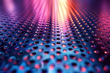 Poster - Colorful reflections dance across a steel texture adorned with fine laser-engraved details in soft lighting