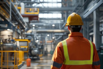 Poster - Worker in Safety Gear Observing Industrial Facility Operations
