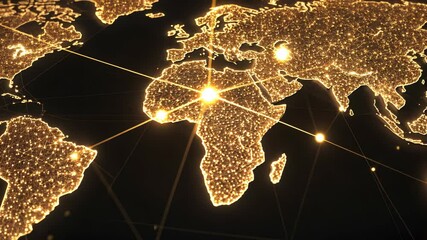 Poster - Orange particles and lines forming world map showing global network, data flow and information exchange video 4k