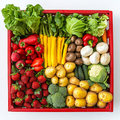 Poster - A vibrant assortment of fresh vegetables and fruits arranged neatly in a wooden crate, showcasing seasonal harvests like tomatoes, peppers, and carrots