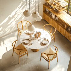 Fototapete - A beautifully arranged dining area features a round table set with dishware, surrounded by four stylish chairs, illuminated by warm sunlight