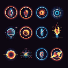 Poster - Neon Light Bulb Icons on Black Background, Futuristic Technology Concept